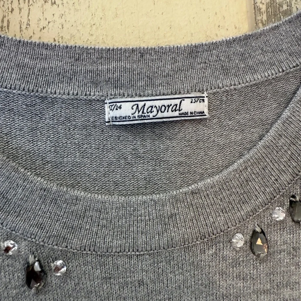 MAYORAL Gray Embellished Knit Tunic Sweater Feather Trim Girls Size 12/14 Formal